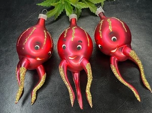 Vintage Rosa Quecksilber Glas Gold Glitzer Tintenfisch Oktopus Weihnachtsschmuck Set - Bild 1 von 11