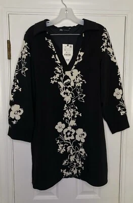 Zara Women’s A-Line Silhouette Long Sleeve Mini Dress Black Floral Small New - Image 1 of 4