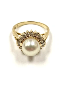 14K YELLOW GOLD AKOYA PEARL ROUND & BAGUETTE DIAMOND RING SIZE 6.5 - Picture 1 of 5