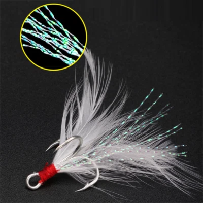50 Pack Treble Hooks With Feathers 4# 6# 8# 10# 12# Fishing Hooks - Image 1 of 4