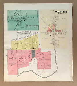 Antique 14 1/2" x 17 1/2" Map of Allen's Grove, Honey Creek, Walworth, WI, 1891