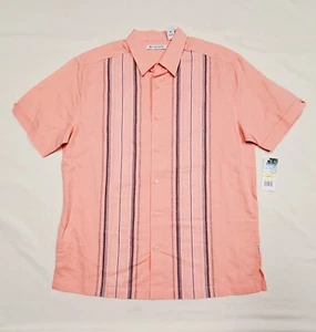Medium CUBAVERA Linen Stripe Peach Pearl & Gray Bowling Golf Classic Shirt 44" - Picture 1 of 9