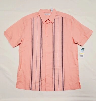 Medium CUBAVERA Linen Stripe Peach Pearl & Gray Bowling Golf Classic Shirt 44" - Image 1 of 4