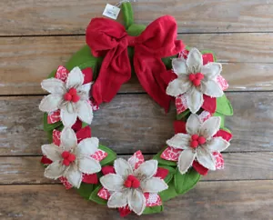Christmas Wreath 18 inch Felt & Burlap Fabric Poinsettias Winter Wall Decor - Picture 1 of 6