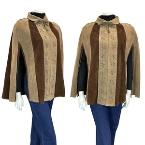 VTG 60S 70S BOHO GEOMETRIC FLOWER CUT OUT TWO TONE BROWN SUEDE CAPE 8 10 12 - Picture 1 of 12