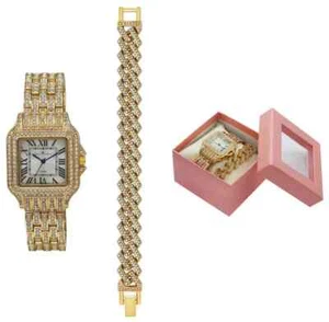 WOMEN'S GOLD PLATED LUXURY SIMULATED DIAMOND HIP HOP WATCH & BRACELET GIFT SET - Picture 1 of 15