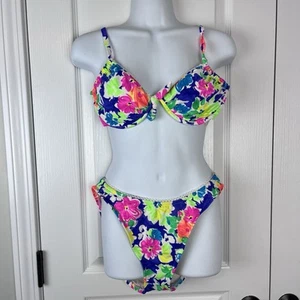 Vintage Neon Fluorescent Color Floral 2 Piece Swimsuit Bikini Size 13/14 Small - Picture 1 of 13