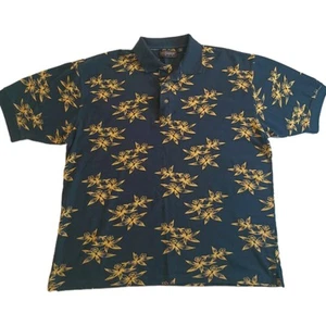 Reebok Golf Mens Polo Tag Sz L Navy Yellow Floral Hawaiian Tropical Print 90s - Picture 1 of 12