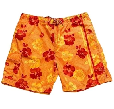 Bermuda de natação masculina NAUTICA tamanho XXL vermelha e laranja forrada de malha flores - Imagem 1 de 4