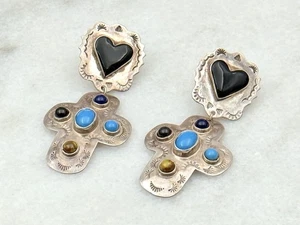 Vintage Southwest Taxco Sterling Silver Turquoise Cross Dangle Concho Earrings - Picture 1 of 3