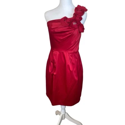 Vestido Bisou Bisou Rojo Satén Un Hombro Roseta Joya Cóctel Talla 8 Baile Usado en Excelente Condición Foto 1 de 4