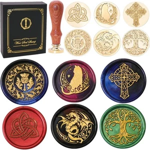Celtic Wax Seal Stamp Gift Box Set, Vintage 6 Sealing Heads + 1 Wooden Hilt, ... - Picture 1 of 6