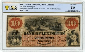 NC-30-G14a $10 1859-60's Lexington, NC Bank Of Lexington VF25 PCGS 950414-52 - Picture 1 of 3