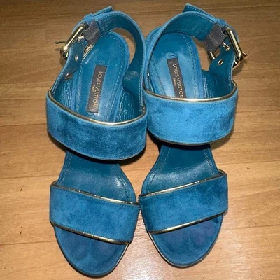Authentic Louis Vuitton suede leather wedge sandals heels blue size 35 US 5 UK 2 - Image 1 of 4