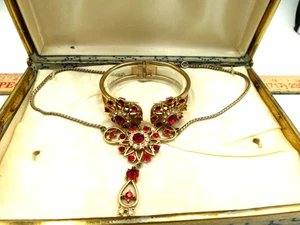 Vintage Schmuckset in Schachtel, Halskette & Armband, goldfarben, rot & weiß "Steine" - Bild 1 von 19