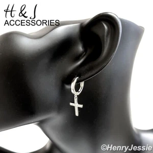 MEN WOMEN REAL 925 STERLING SILVER ICY CZ DANGLE CROSS HUGGIE HOOP EARRING*AE245 - Picture 1 of 4