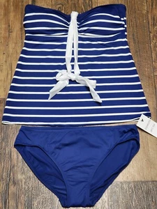 NWTO Lauren Ralph Lauren Women's Blue Halter Tankini White Stripes Swimsuit - Picture 1 of 5
