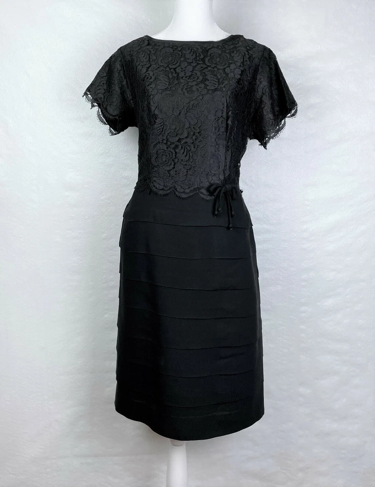 Vtg 50s Black Sheath Cocktail Dress M Lace & Tiered Skirt Sz S/M "AS IS" - Image 1 of 4