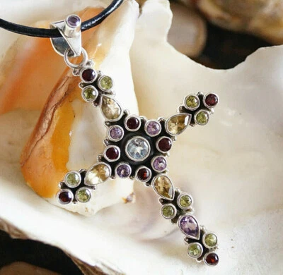 Massiv Groß Kreuz Kettenanhänger 7 cm Silber Granat Blautopas Citrin Peridot - Bild 1 von 4