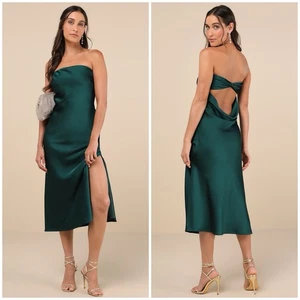 Lulus Effortless Bliss Midi Dress Women's XL Emerald Satin Strapless Cowl NWOT - Picture 1 of 10