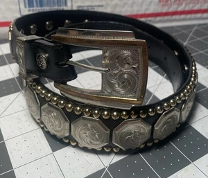 Vintage Al Beres USA Deutsch Silber Damen Leder Gürtel Medium Schwarz Western - Bild 1 von 10