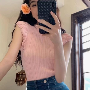 Knitted Vest Women's Top Short Loose Inner Bottoming Shirt Summer Casual T-shirt - Picture 1 of 13