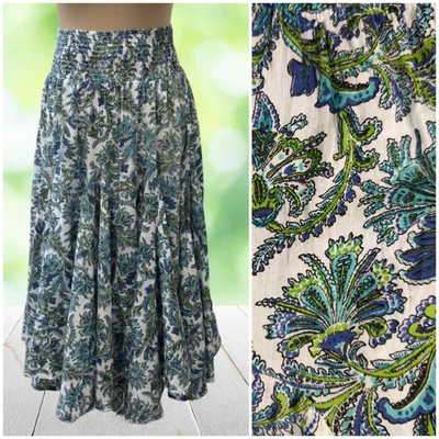 Saia Vintage GRACE ELEMENTS Tamanho G Azul Verde Paisley Midi Camponesa Smocked Y2K - Imagem 1 de 4