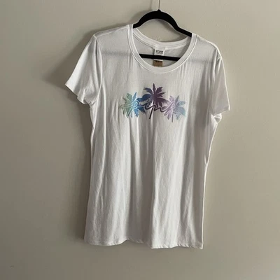 PINK Victorias Secret Women L Optic White Shine Logo Palm Trees Everyday Tee NWT - Image 1 of 4