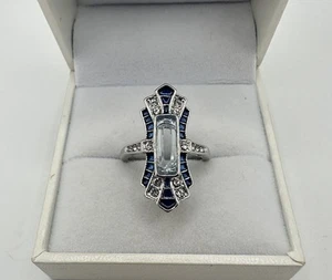 VTG White Gold Plated Ring Blue Enamel Glass? Cocktail SZ 8 Unsigned Read - Picture 1 of 11