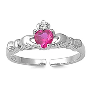 Heart Solitaire Claddagh Simulated Red Clear CZ .925 Sterling Silver Toe Ring - Picture 1 of 2