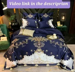 Bed Sheet Set Luxury 4 pcs King Size Egyptian Cotton Blue Bedding/Pillow Cases - Bild 1 von 8