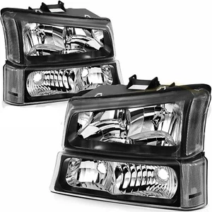 BLACK HOUSING HEADLIGHTS + PARK SIGNAL LIGHTS FIT FOR 2003-2006 CHEVY SILVERADO - Picture 1 of 12