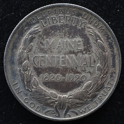 KAPPYSCOINS  G8141 1920  MAINE COMMEMORATIVE SILVER HALF DOLLAR TONED EF - Image 1 of 2