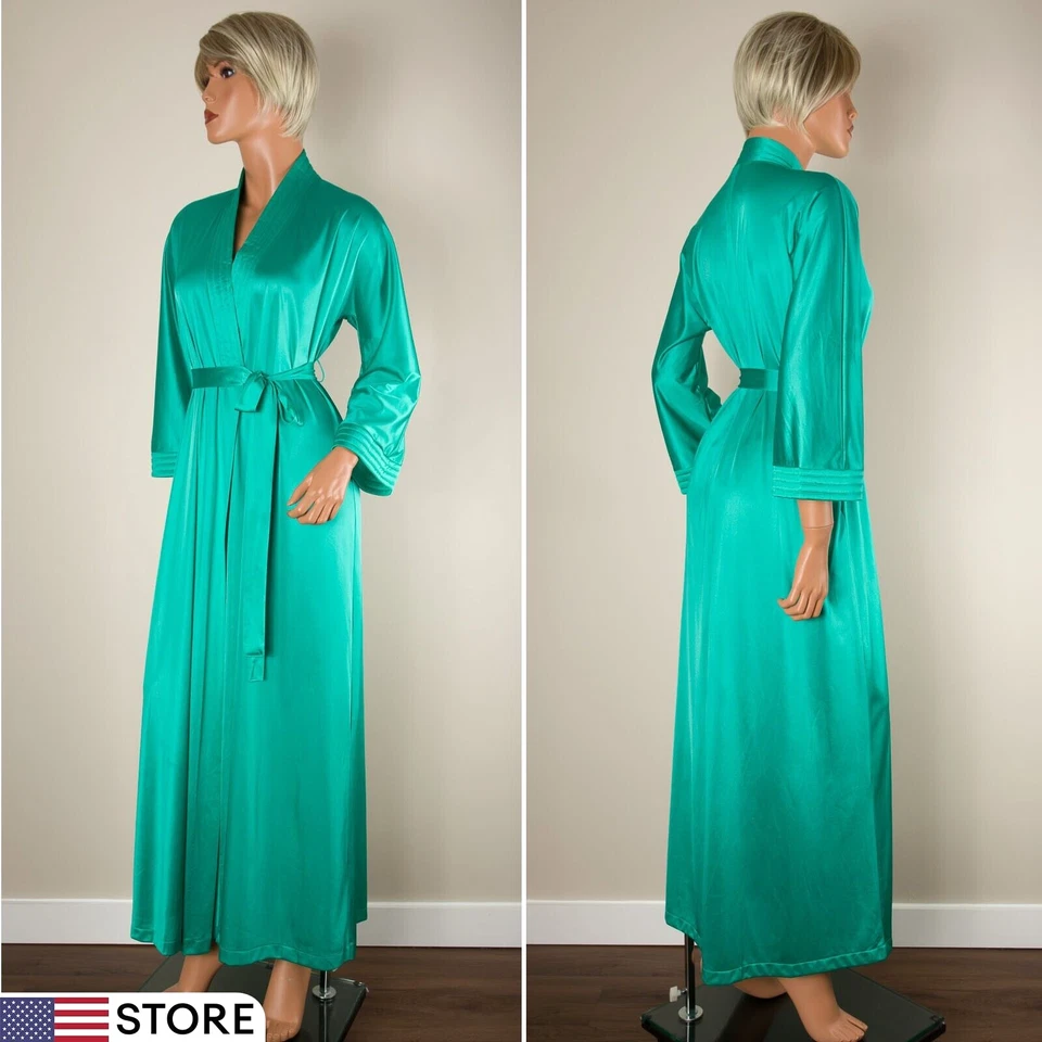 💖 Bata larga verde vintage VANITY FAIR acolchada con bolsillos con cinturón XS Foto 1 de 4