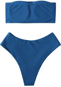 Bikini Bandeau Hombro Descubierto Por OMKAGI 2 Piezas Traje de Baño Azul Talla Mediana Playa - Imagen 1 de 4