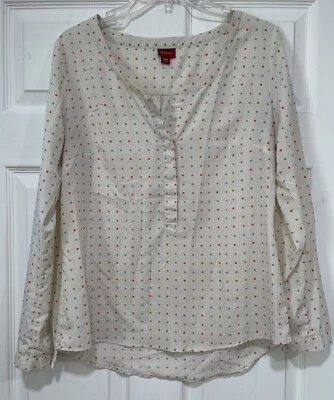 Merona Women’s Blouse Top SZ M/M Long Sleeve Beige Gray Orange Polka Dots — 第 1/4 张图片