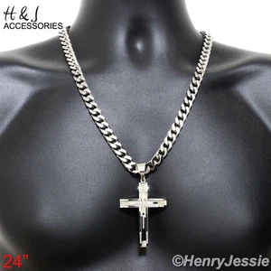 24"MEN Stainless Steel 9mm Silver Cuban Curb Necklace Simple Cross Pendant*P11 - Picture 1 of 5