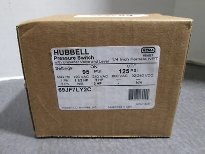 Válvula de control interruptor de presión de compresor de aire Hubbell 69JF7LY2C 95-125PSI NUEVO Foto 1 de 4