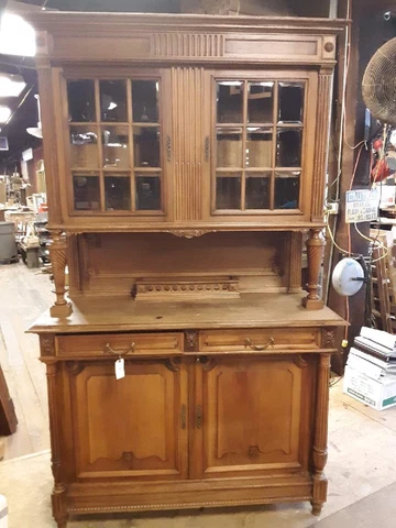 Antique Cherry? Hickory?Cupboard China Cabinet Stepback Cupboard Beveled Glass Cover