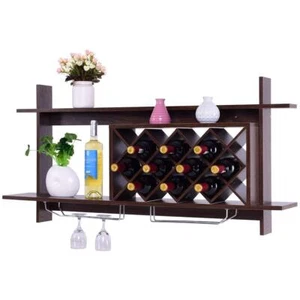 Wine Rack Wall Mounted 6bottle Wood Hanging Wall Wine Rack Shelf W/glass Holder - Picture 1 of 9