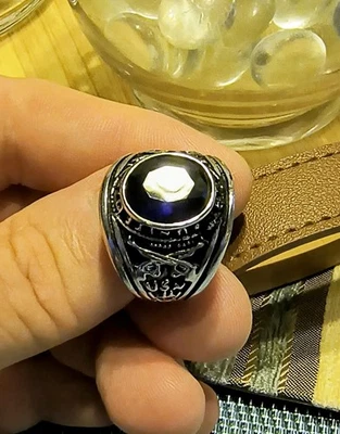 MEN'S OVAL BLUE CABOCHON SIMUALTED SAPPHIRE STAINLESS STEEL CZ RING - Image 1 of 4