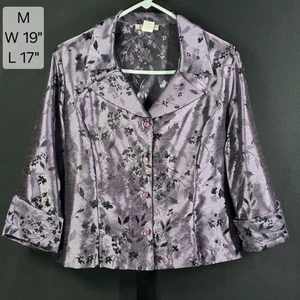 Dressbarn Blazer M Purple Floral Black Shimmer Button Front Top 3/4 Sleeve - Picture 1 of 6