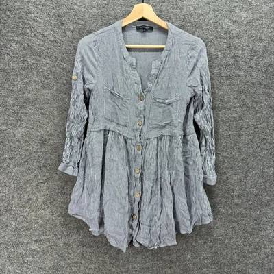 Olivaceous Top Women S Small Gray Striped Button Up V-Neck Long Sleeve Rayon - Image 1 of 4