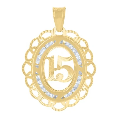 Colgante ovalado 15 de quinceañera con borde floral de 0,95" D/C de oro amarillo de 10 quilates circonita cúbica para mujer Foto 1 de 3