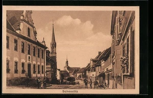 Schesslitz, Ansichtskarte, Straßenpartie mit Passanten und Kirche 1929  - Picture 1 of 2