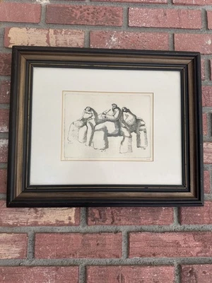 Grabado figurativo de mediados del siglo XX 3 hombres estampado carbón firmado "madera" 3/10 Foto 1 de 4