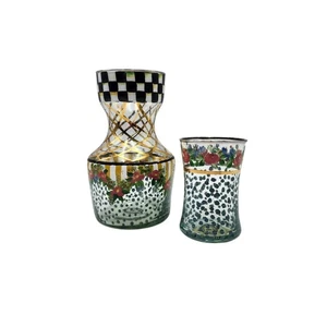 VTG MacKenzie Childs Hand Painted Charlotte Circus Glass Carafe & Cup Set 90s - Picture 1 of 11