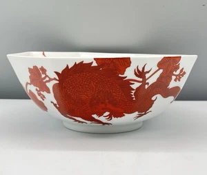 Fitz & Floyd RED TEMPLE DRAGON Octagonal Vegetable Bowl VTG 70s White Porcelain - Picture 1 of 17
