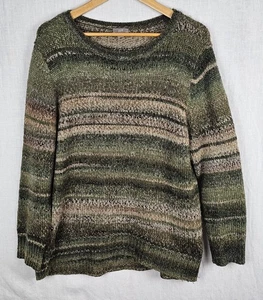 J. Jill Pullover Wolle Alpaka Mischung groß gestreift meliert natur grün braun Herbst  - Bild 1 von 7