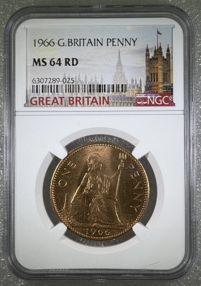 1966 GREAT BRITAIN BRITANNIA LARGE COPPER PENNY NGC MS64 RD LOW MINTAGE - Image 1 of 3